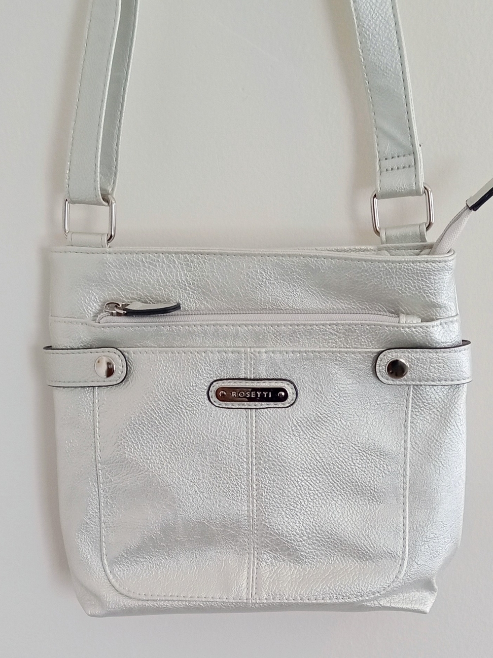 Rosetti Metallic Silver Crossbody with Front Zip Pocket
